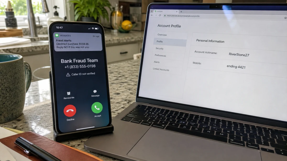 Realistic phone reconstruction of a fake BofA fraud call displaying a BetOnline-only alias beside an account safety warning