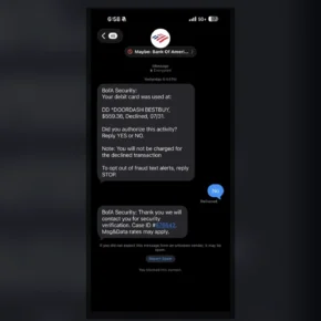 Authentic Reddit screenshot showing a fake Bank of America fraud text tied to an alias used for BetOnline