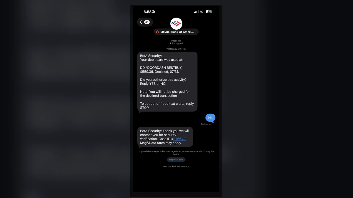 Authentic screenshot showing a fake Bank of America fraud text tied to an alias used for BetOnline