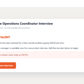 Reconstructed BGSF talent scam message offering a remote job through an unofficial recruiter
