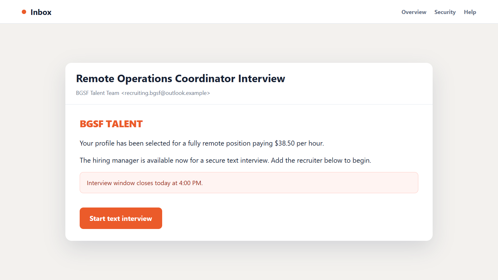 BGSF Talent Scam: How Fake Remote Job Offers Steal Your Identity and Money 1 Reconstructed BGSF talent scam message offering a remote job through an unofficial recruiter