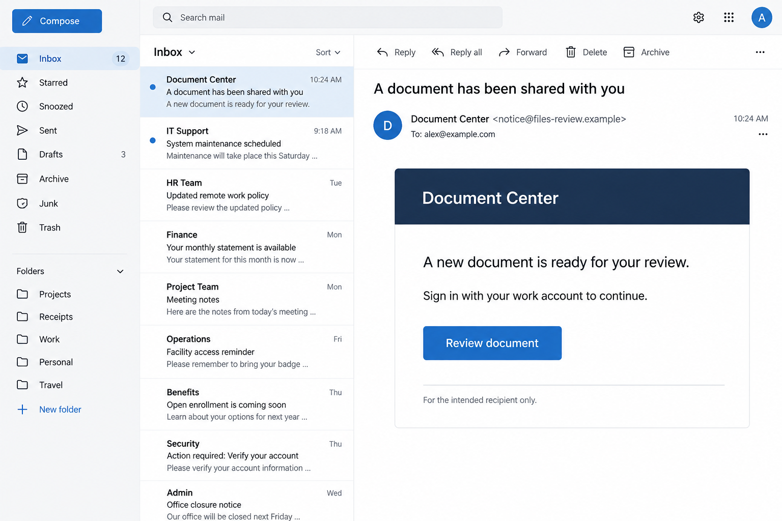 Illustrative document-sharing phishing email using fictional addresses, not an original BigBear campaign capture