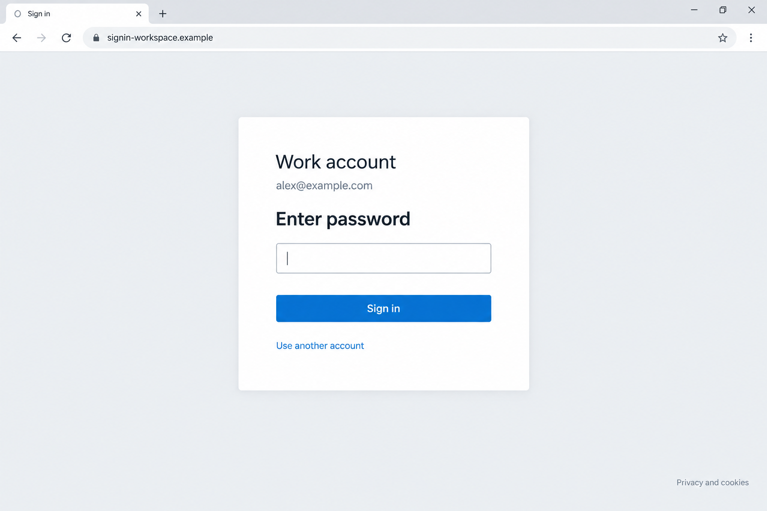 Illustrative work-account password page on a fictional domain showing the sign-in mismatch used in session phishing