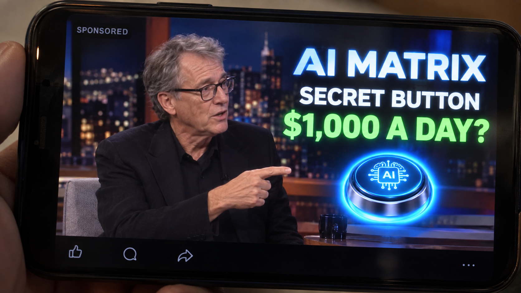 Sponsored video promoting a fictional AI Matrix secret button income system