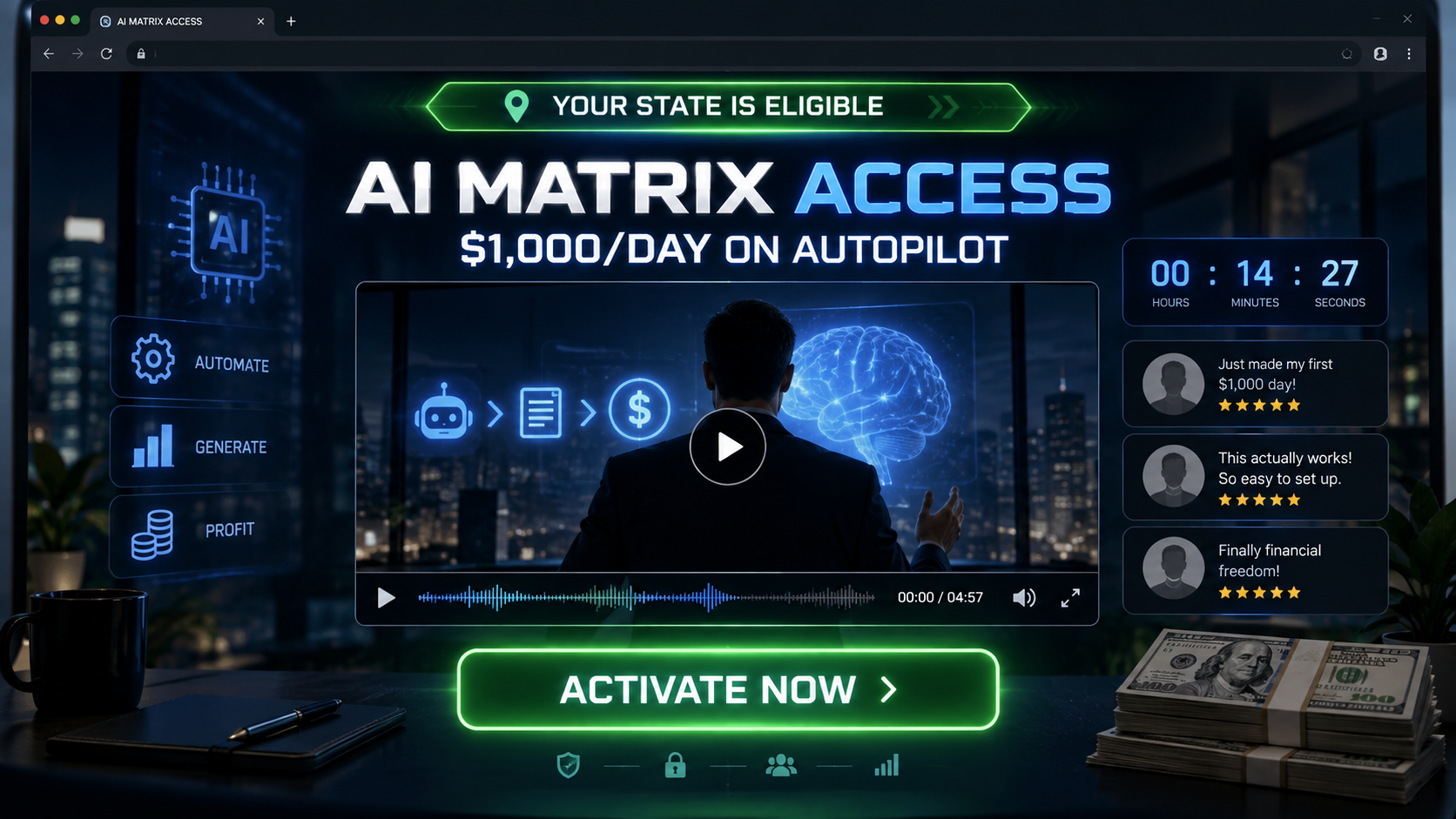AI income video sales page promising automatic daily earnings
