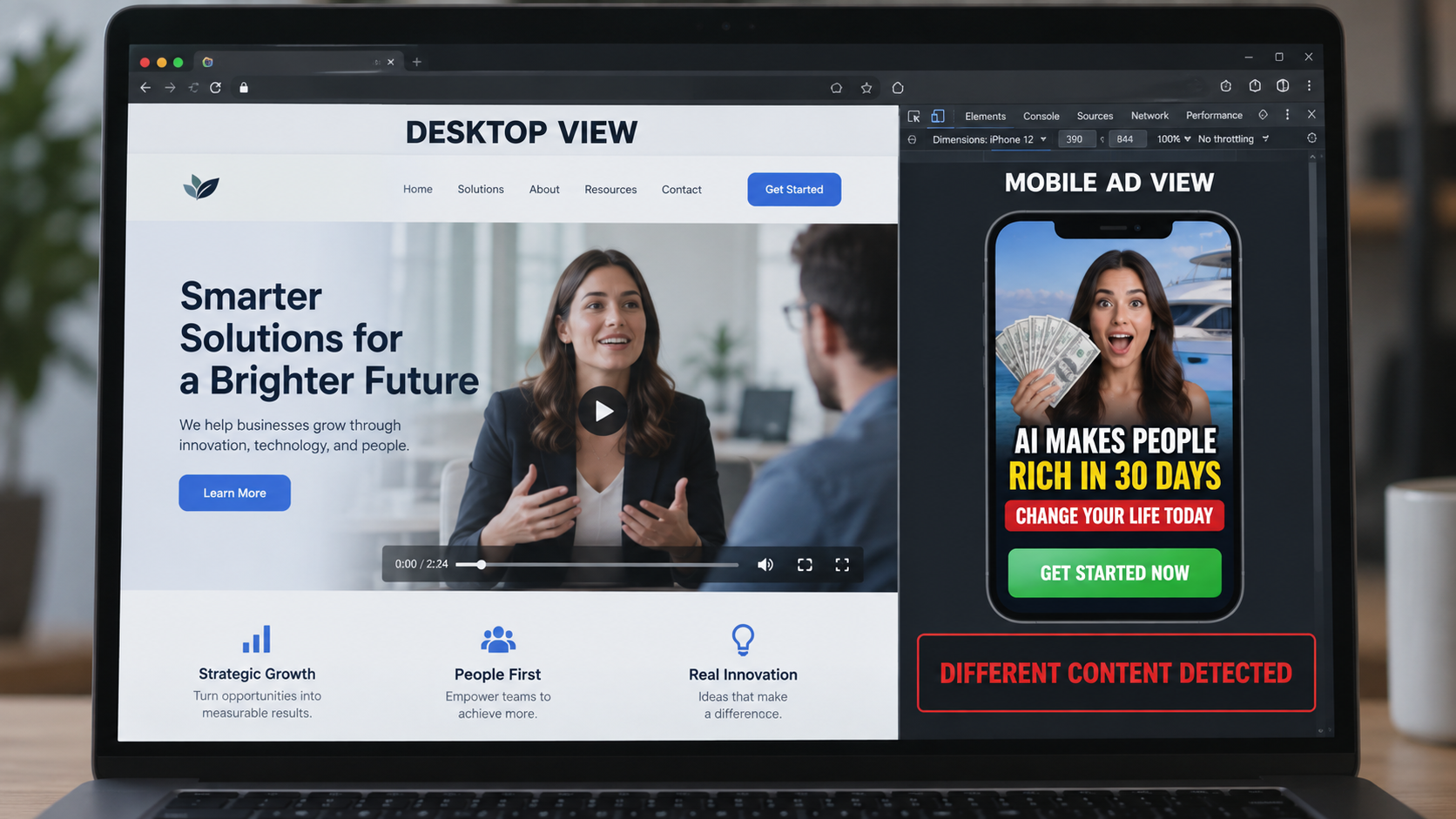 Browser comparison showing different desktop and mobile content for an AI income promotion