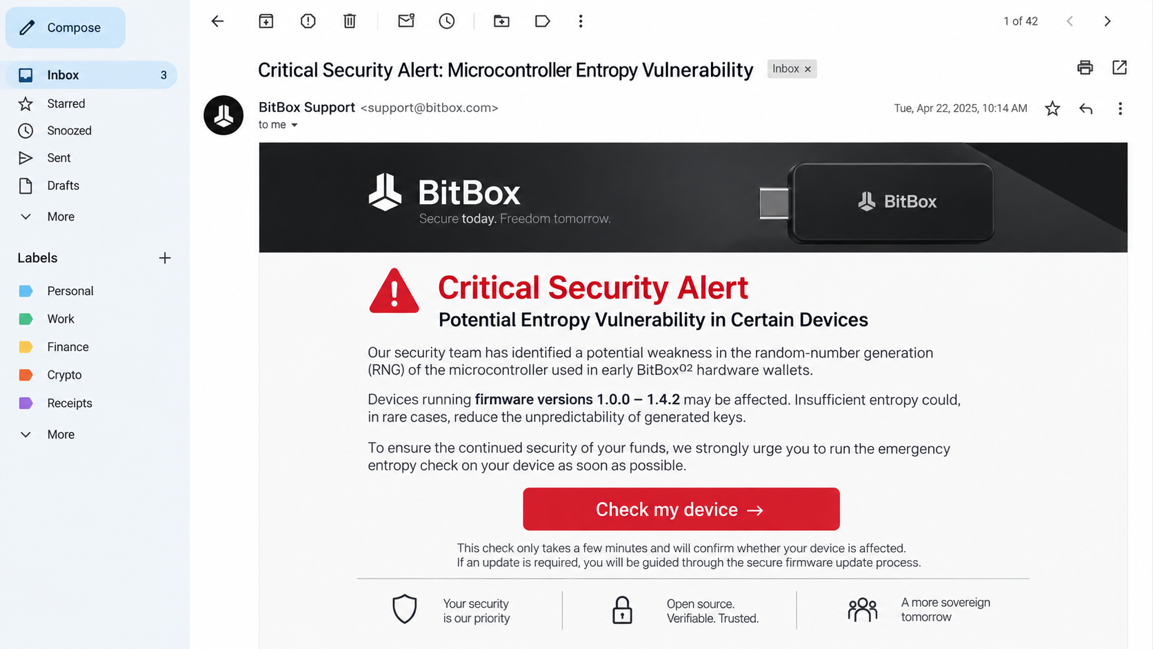 Fake BitBox microcontroller entropy vulnerability security alert email