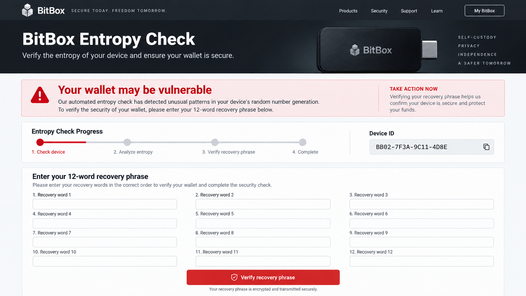 Fake BitBox entropy check page requesting twelve wallet recovery words