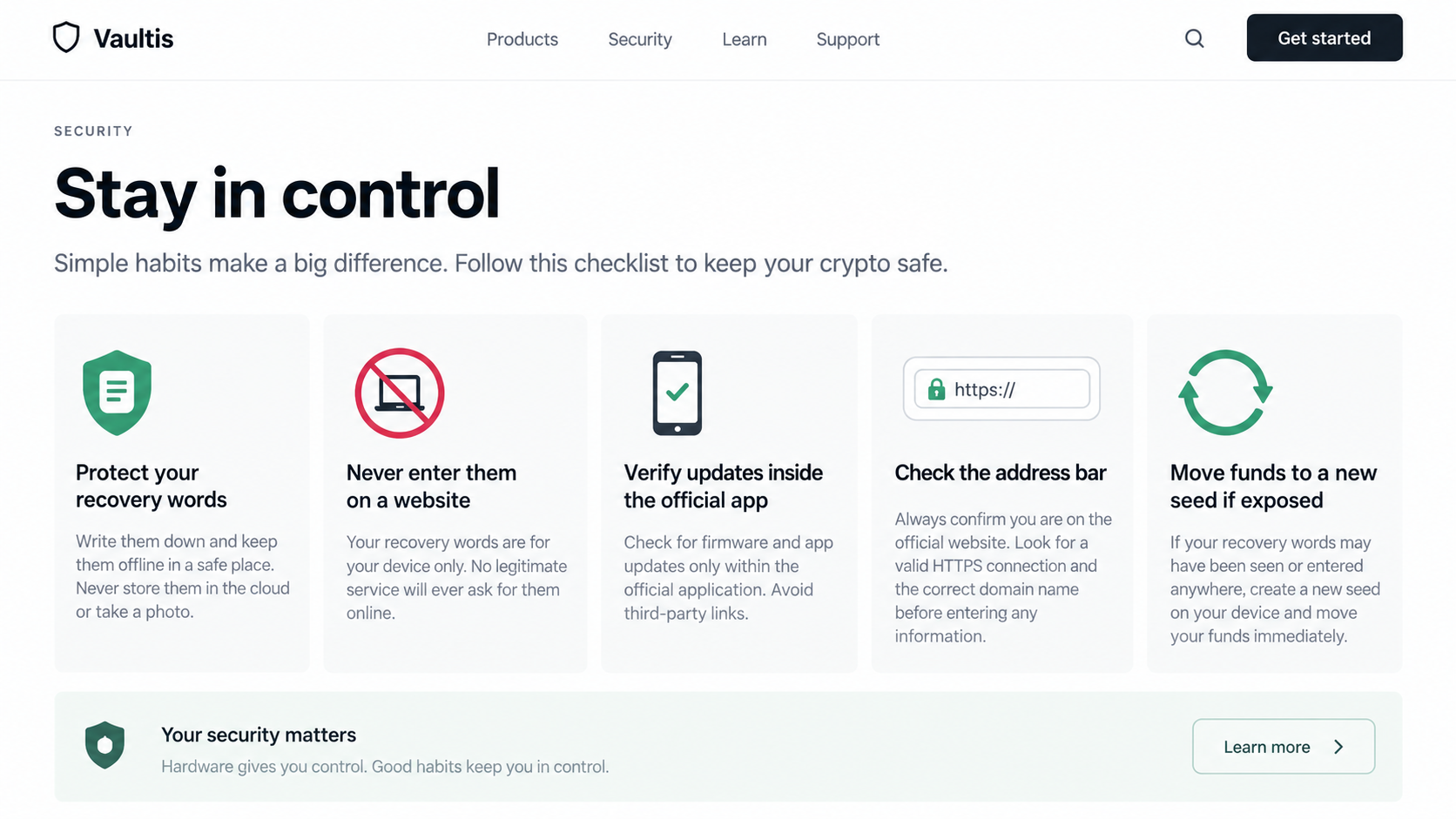 Hardware wallet security checklist warning never to enter recovery words online