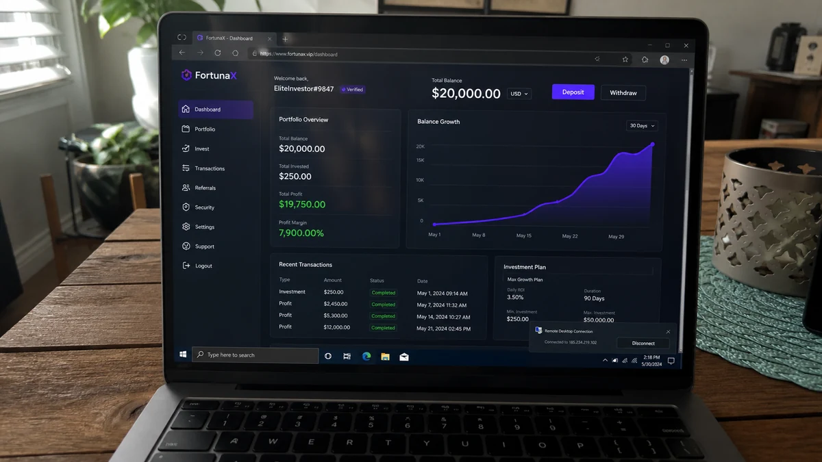 Fake $20,000 Bitcoin Balance Nearly Drains Linked $7,000 2 Realistic reconstruction of a fake crypto dashboard showing a $20,000 balance and an active remote desktop connection