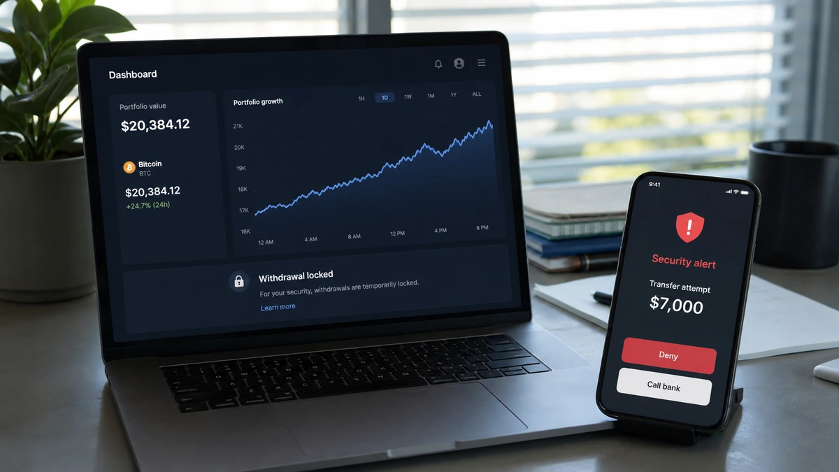 Fake $20,000 Bitcoin Balance Nearly Drains Linked $7,000 1 Realistic reconstruction of a fake $20,000 Bitcoin dashboard beside a bank alert blocking a $7,000 transfer attempt