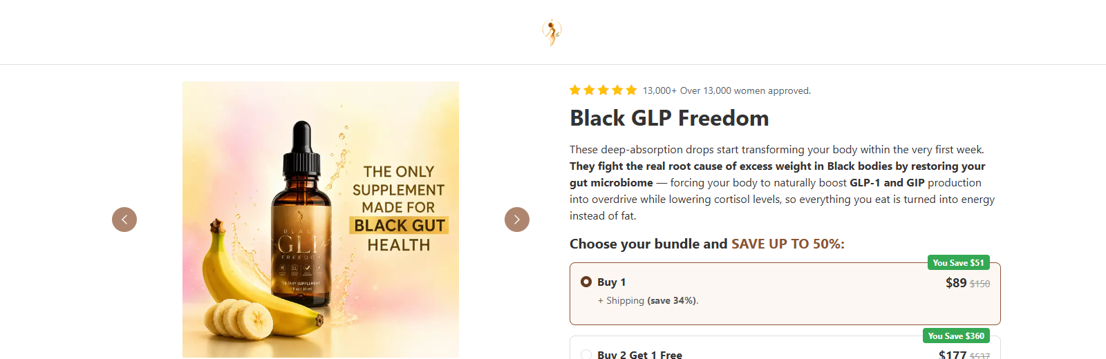 Black GLP Freedom sales page showing bottle bundles, prices, savings, and the ordering section