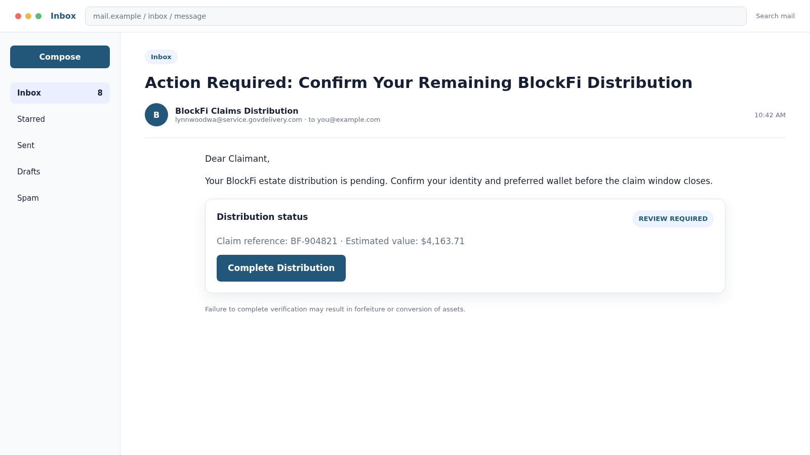 BlockFi GovDelivery Email Scam: Fake Kroll Payout Link Steals Your Crypto 1 Reconstructed BlockFi distribution email sent through a GovDelivery-style address and urging the recipient to confirm a remaining claim