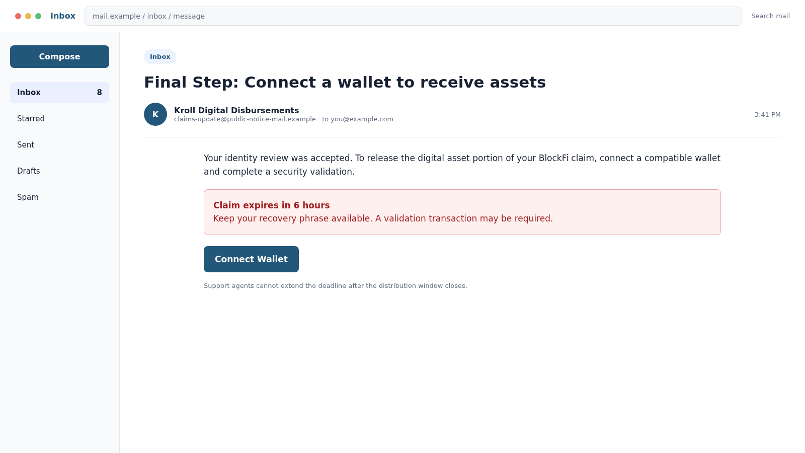 BlockFi GovDelivery Email Scam: Fake Kroll Payout Link Steals Your Crypto 2 Reconstructed follow-up BlockFi claim email pressuring the recipient to connect a wallet and keep a recovery phrase ready