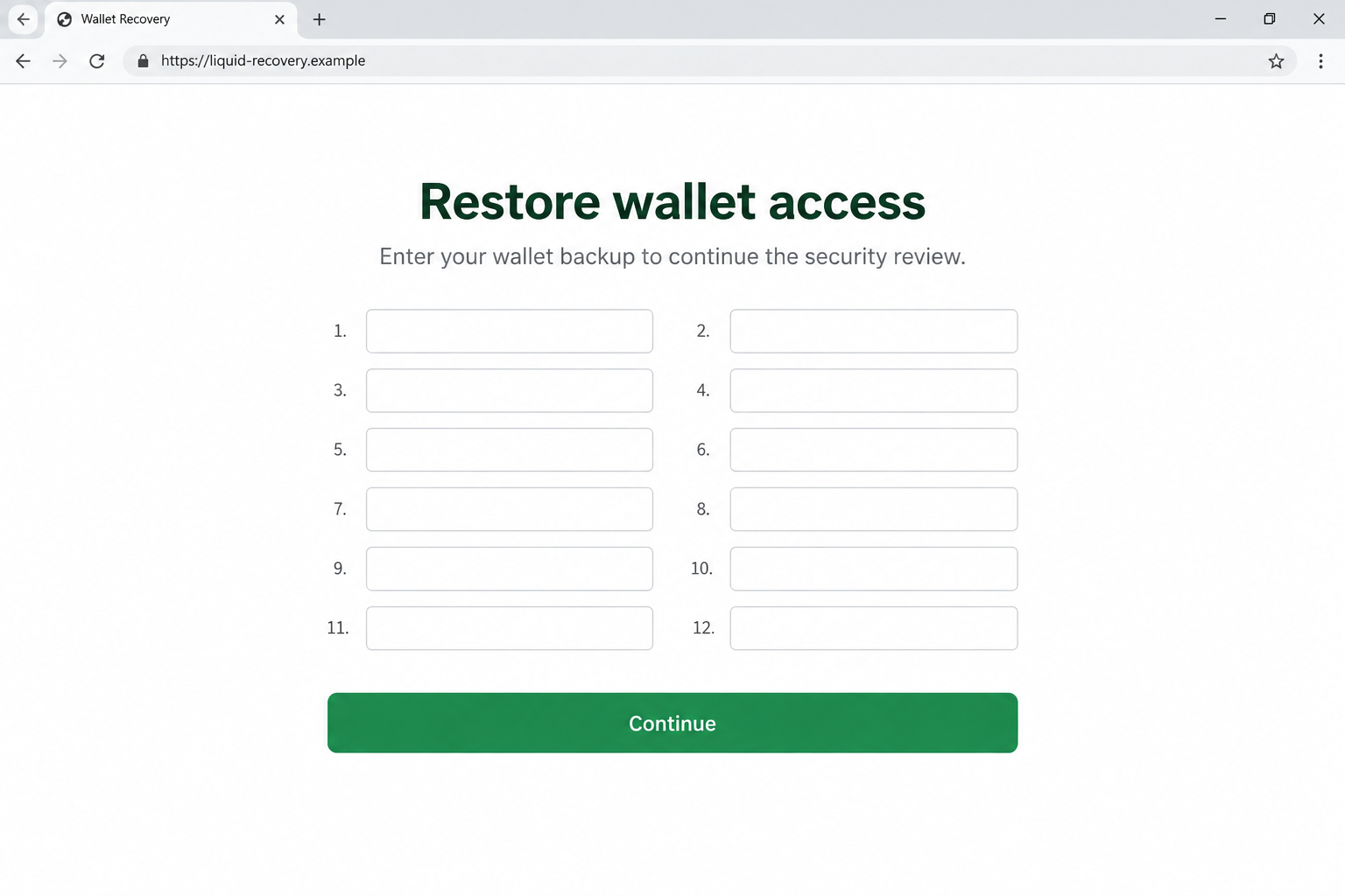 Illustrative false recovery portal requesting twelve wallet backup words