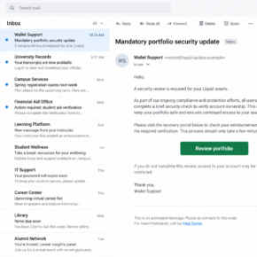 Illustrative wallet support email promoting a false Liquid security review
