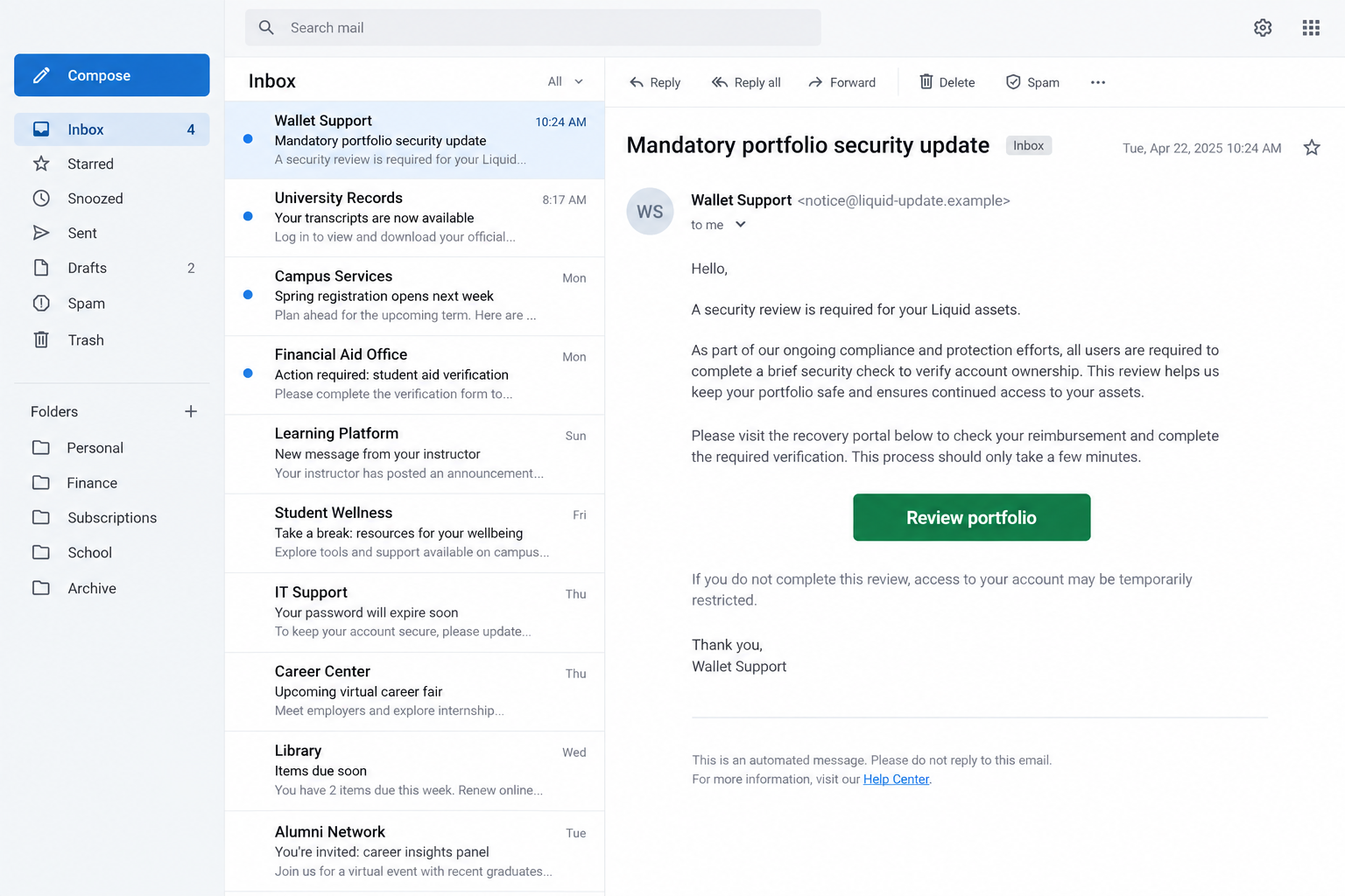 Illustrative wallet support email promoting a false Liquid security review
