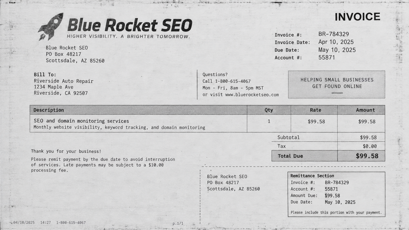 Blue Rocket SEO invoice requesting payment for unsolicited website services