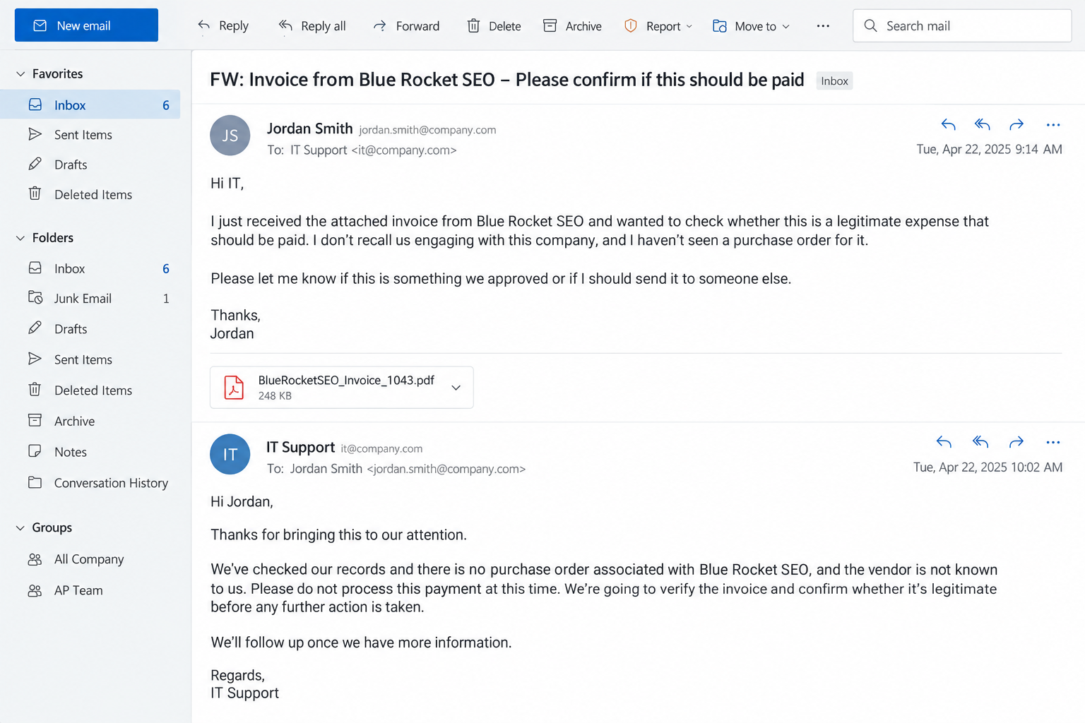 Accounts payable email pausing a Blue Rocket SEO invoice for verification