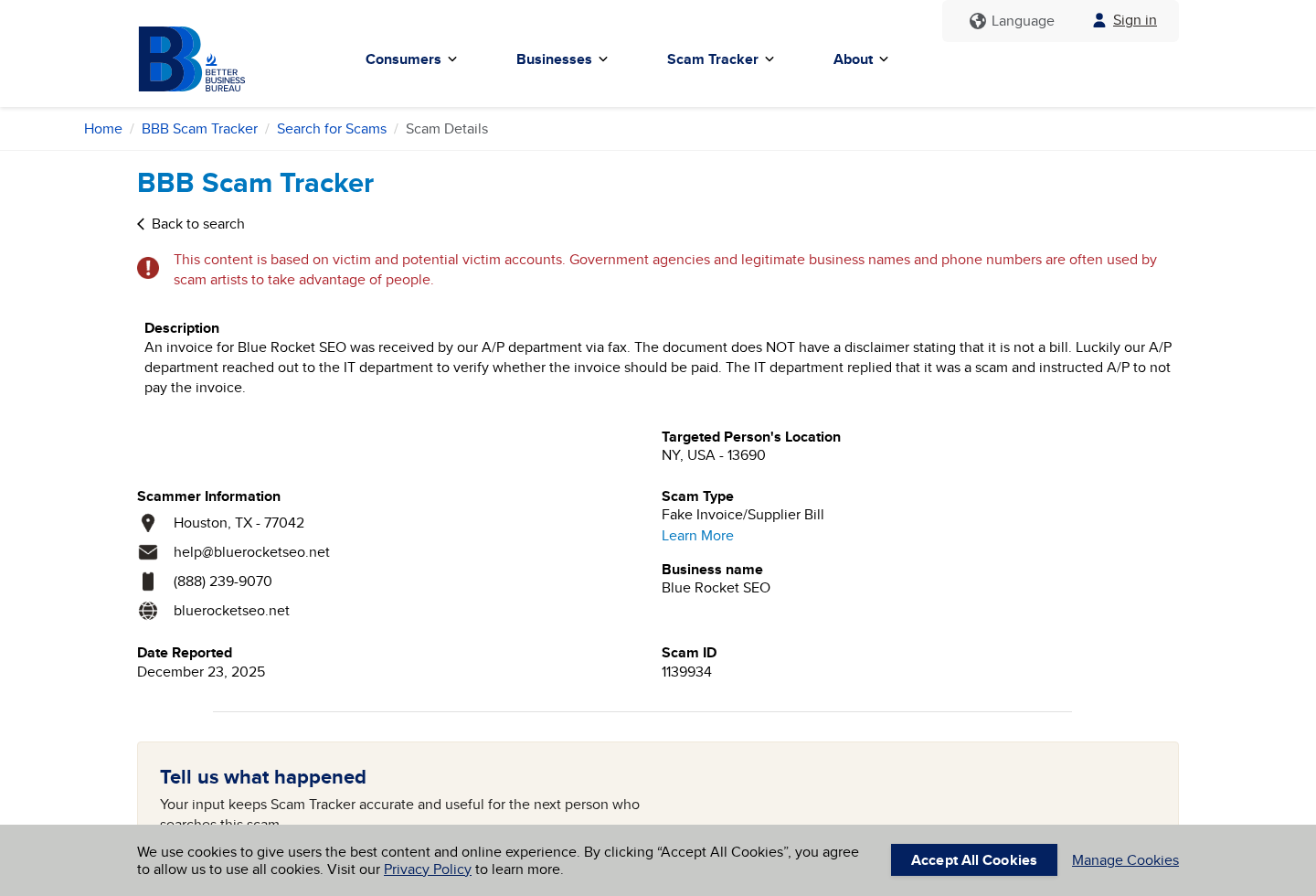 BBB Scam Tracker report describing an unsolicited Blue Rocket SEO invoice
