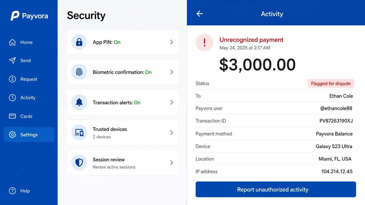 Payment app security settings and an unauthorized $3,000 transfer report