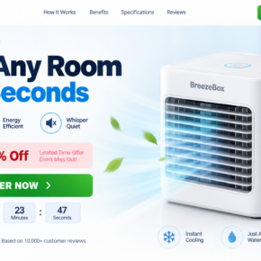 BreezeBox portable cooler promotional page claiming room cooling in 60 seconds