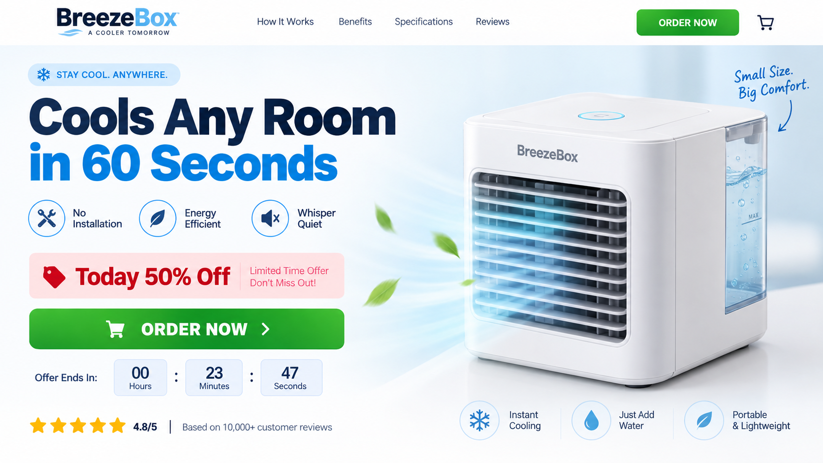 BreezeBox portable cooler promotional page claiming room cooling in 60 seconds