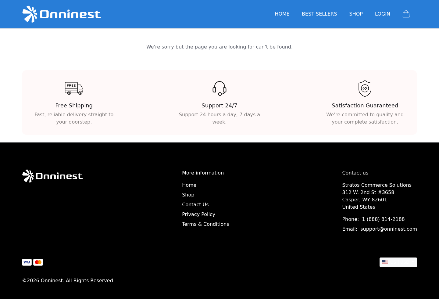 Onninest website return page showing missing policy content and current contact information