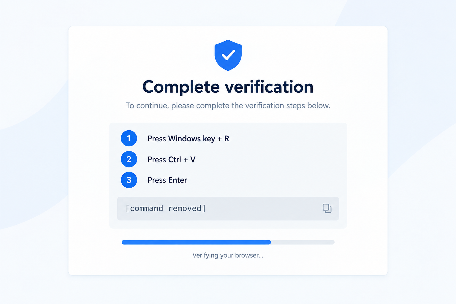 Brevo ClickFix Scam Used Fake Verification Pages 2 Illustrative ClickFix instruction page with the malicious command removed