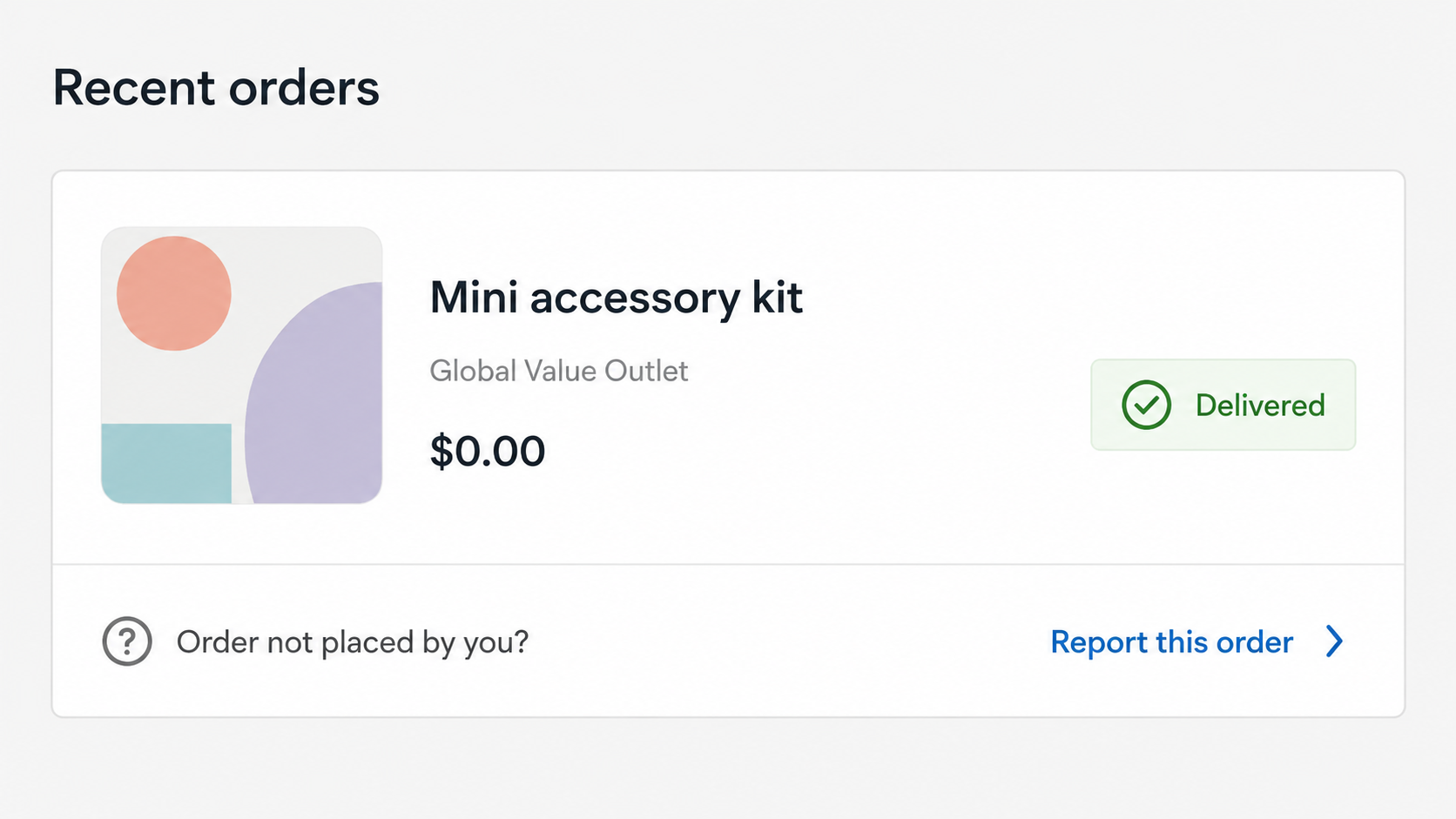 Fake online order history showing an unsolicited item marked as delivered for $0.00