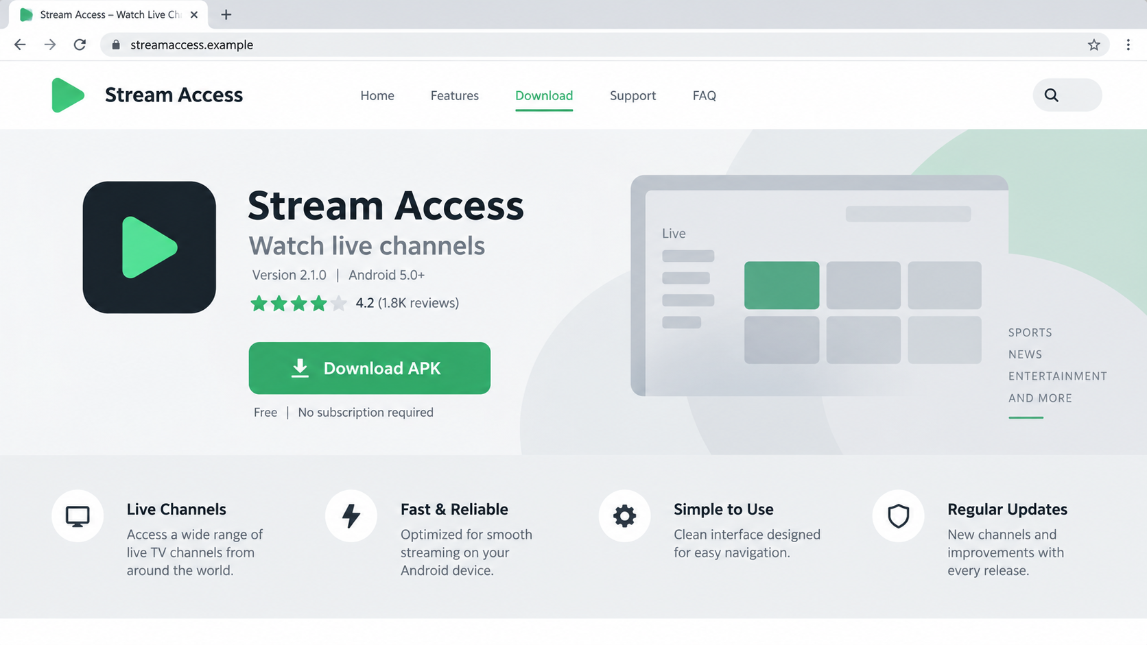 Illustrative unofficial streaming app page offering an Android APK download