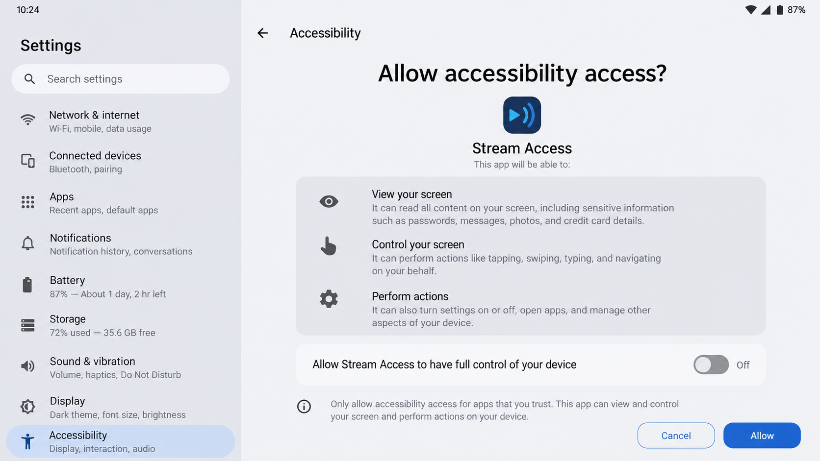 Illustrative Android Accessibility permission request for an unfamiliar streaming app