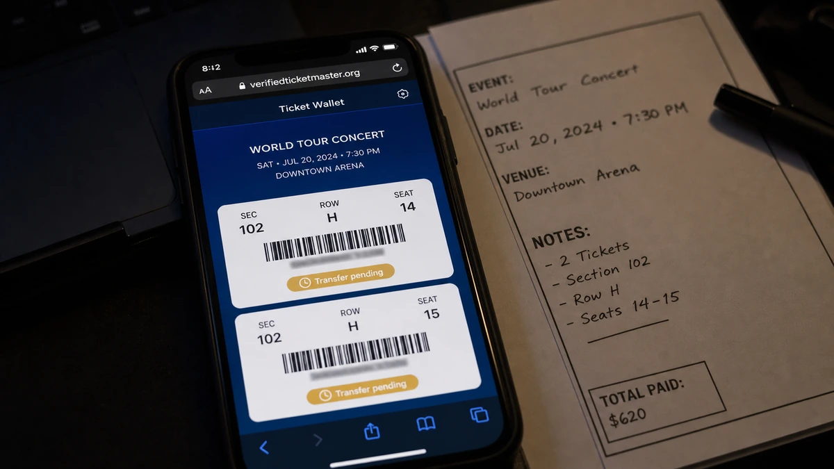 Realistic reconstruction of two concert tickets marked transfer pending on the suspicious verifiedticketmaster.org domain