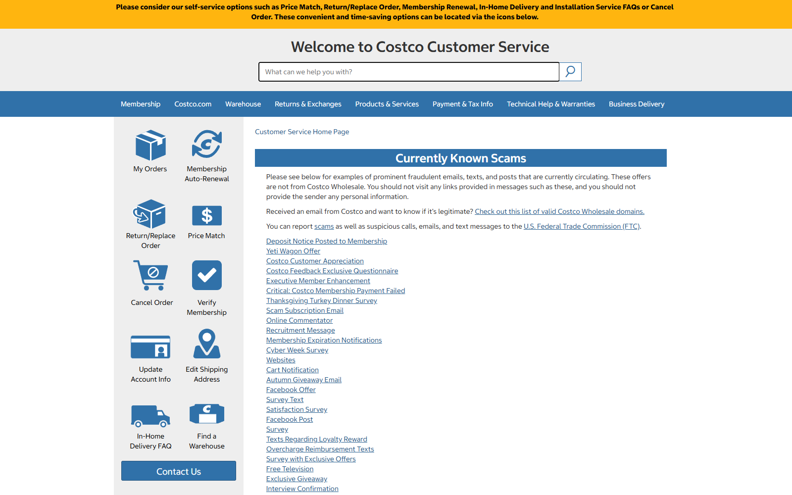 Costco official fraud guidance warning about fake surveys and gift-card offers