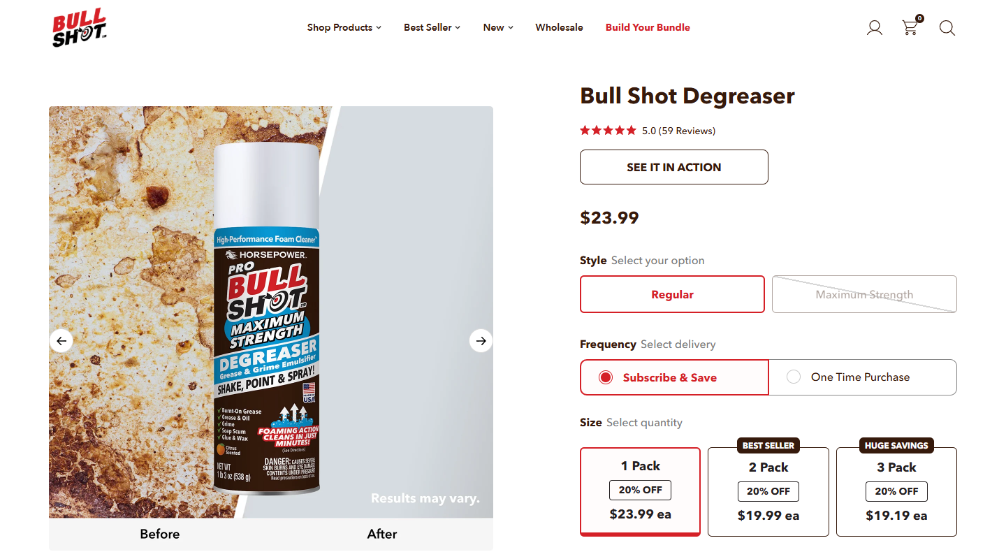 Bull Shot Degreaser Review: Refills, Claims and Safety 1 Bull Shot Degreaser product page showing the selected Subscribe and Save option, one-time purchase choice, and one-, two-, and three-pack prices