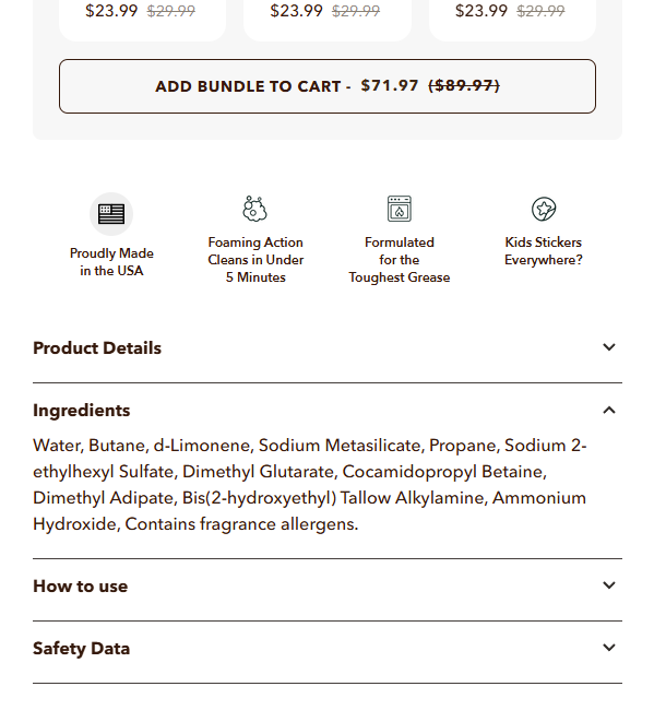 Bull Shot Degreaser Review: Refills, Claims and Safety 2 Bull Shot Degreaser website ingredient list and safety data link displayed beneath its product details