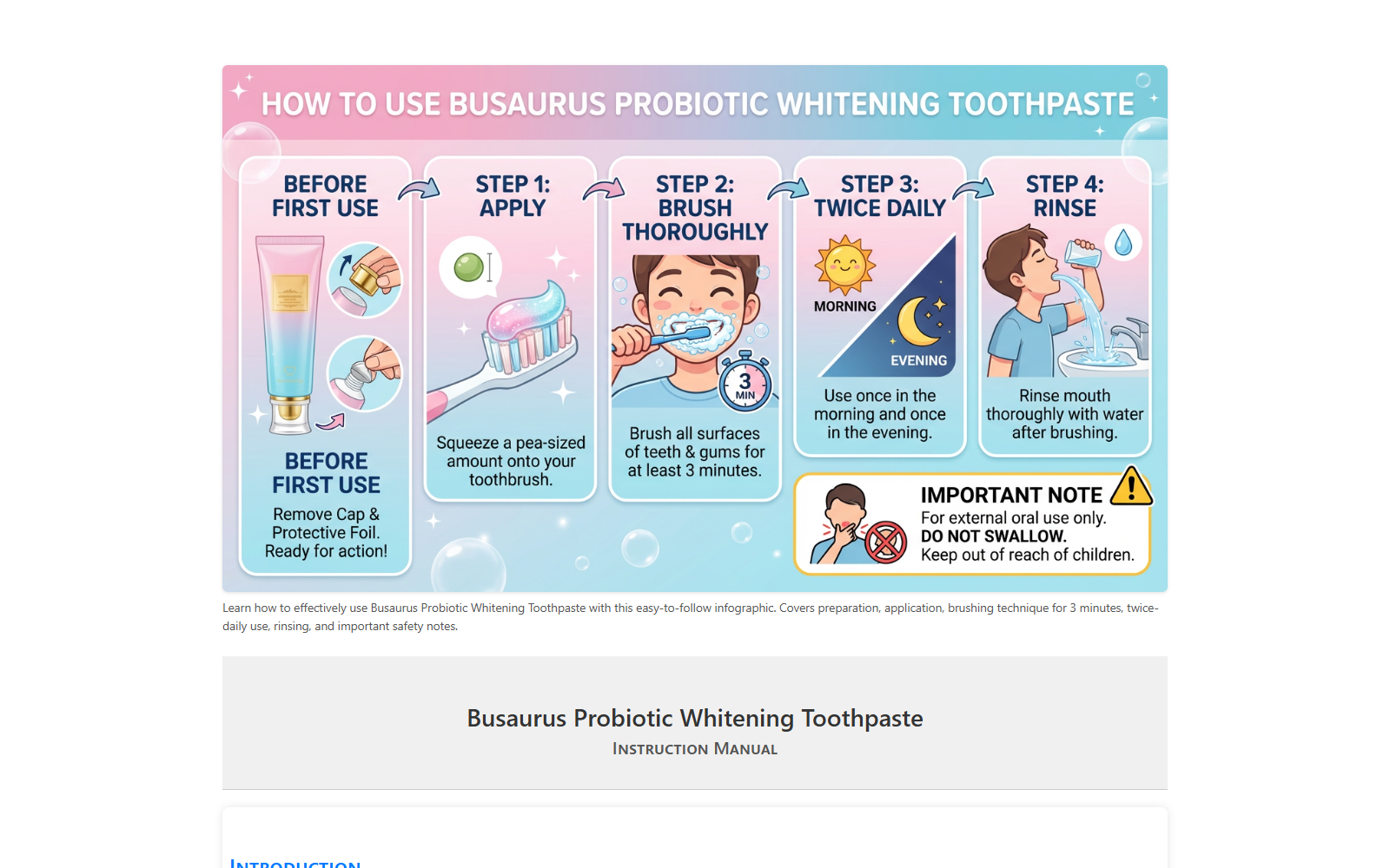 Busaurus Probiotic Whitening Toothpaste instructions and product presentation