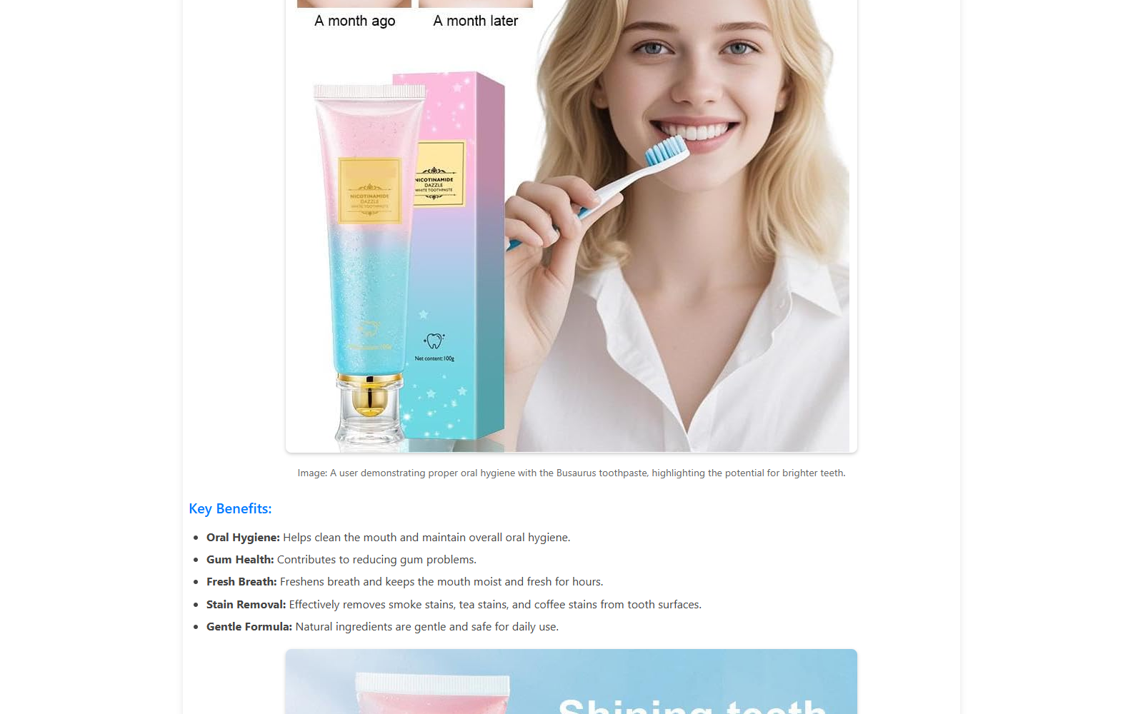 Busaurus toothpaste page listing oral hygiene, stain removal, and gentle formula claims