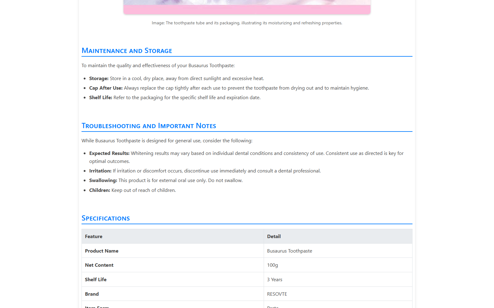 Busaurus toothpaste specifications showing the RESOVTE brand and limited product details