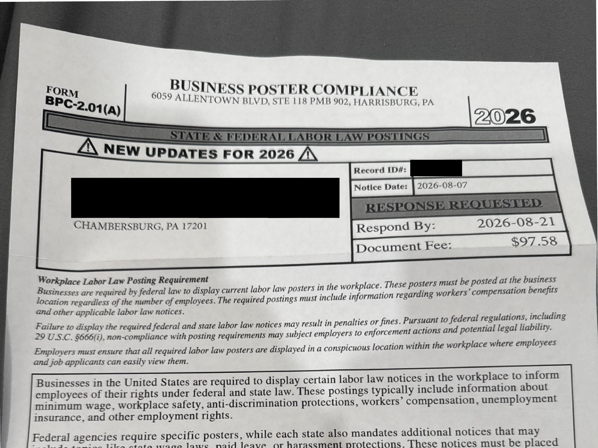Business Poster Compliance mailing with $97.58 fee and response deadline