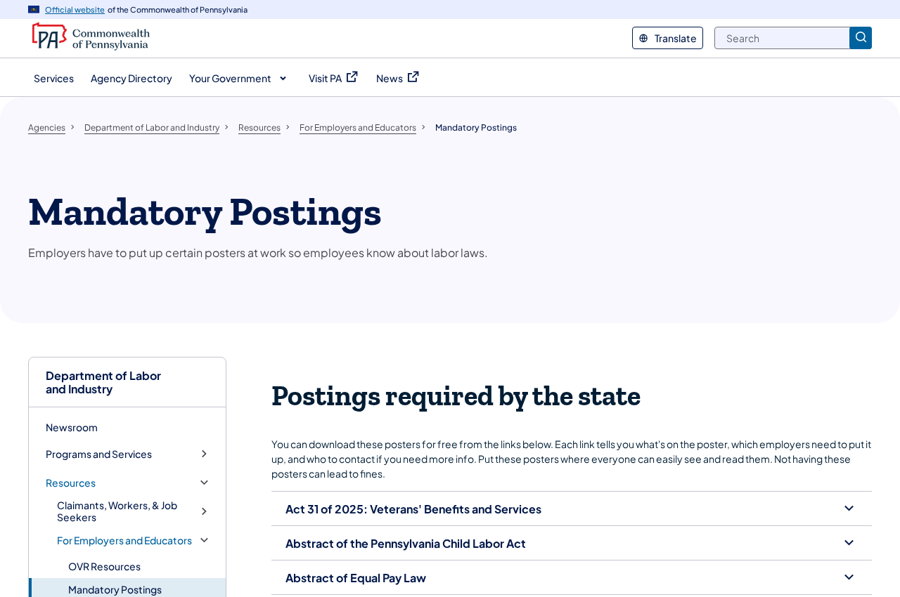 Pennsylvania official Mandatory Postings page saying employers can download posters for free