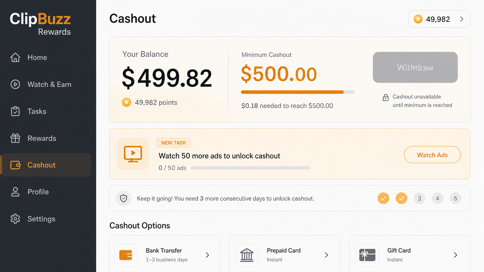 Example rewards app cashout screen showing a $499.82 balance and a new requirement to watch 50 more ads