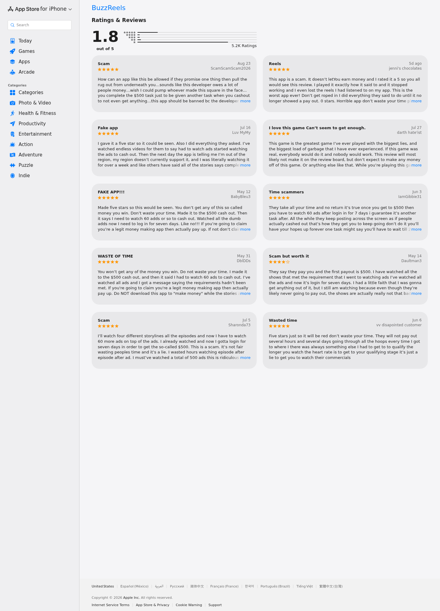BuzzReels App Store customer reviews describing shrinking rewards, repeated ads, and failed $500 withdrawals