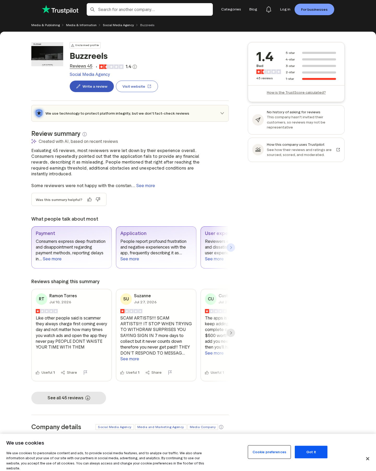 BuzzReels Trustpilot profile showing a very low rating and complaints about cashout requirements