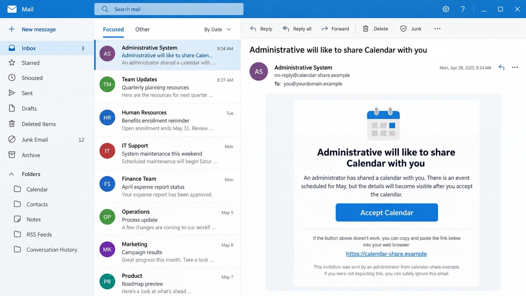 Fake administrator email inviting the recipient to accept a shared calendar