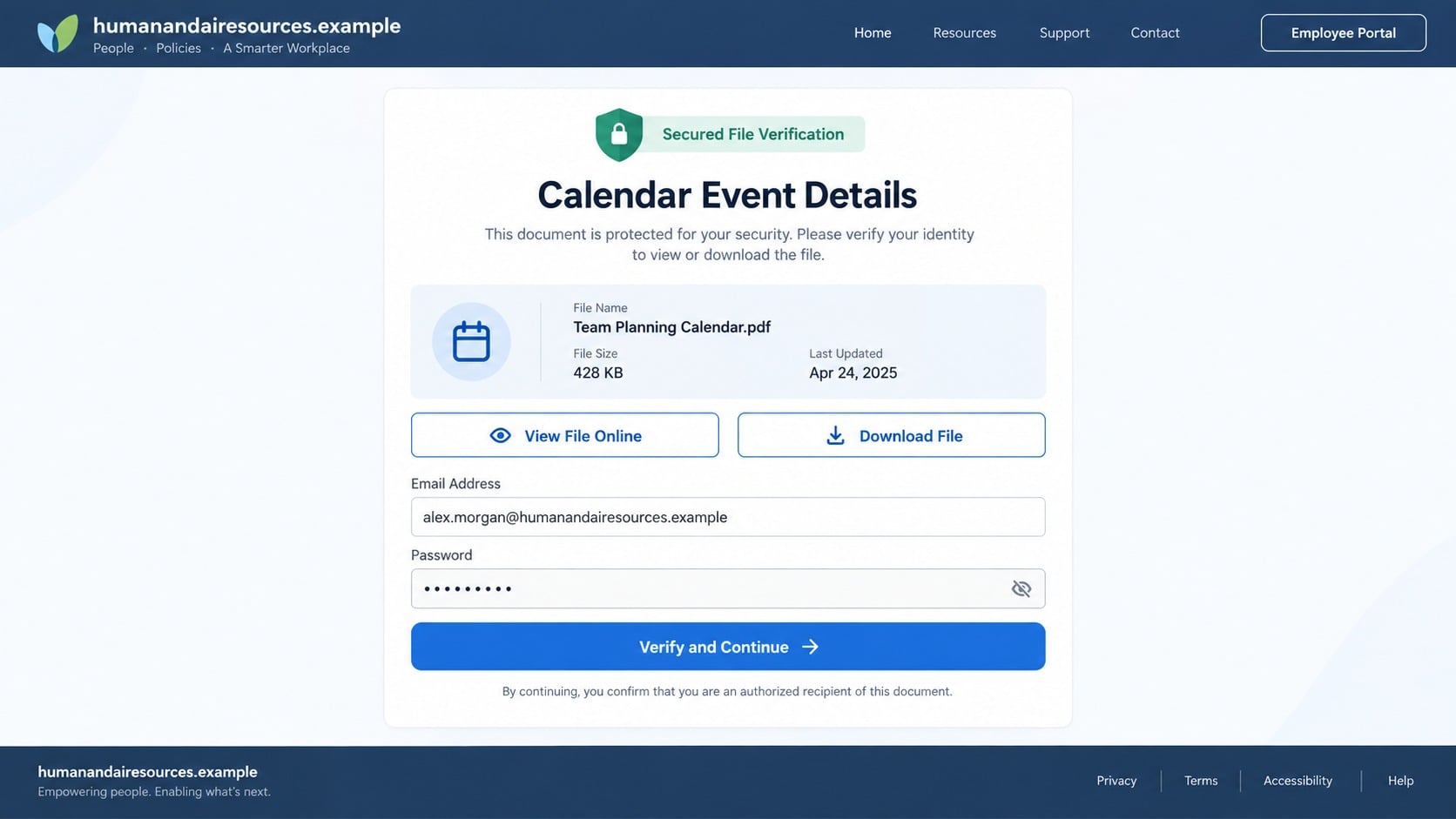 Fake Adobe-themed secure file page reached from a shared calendar invitation