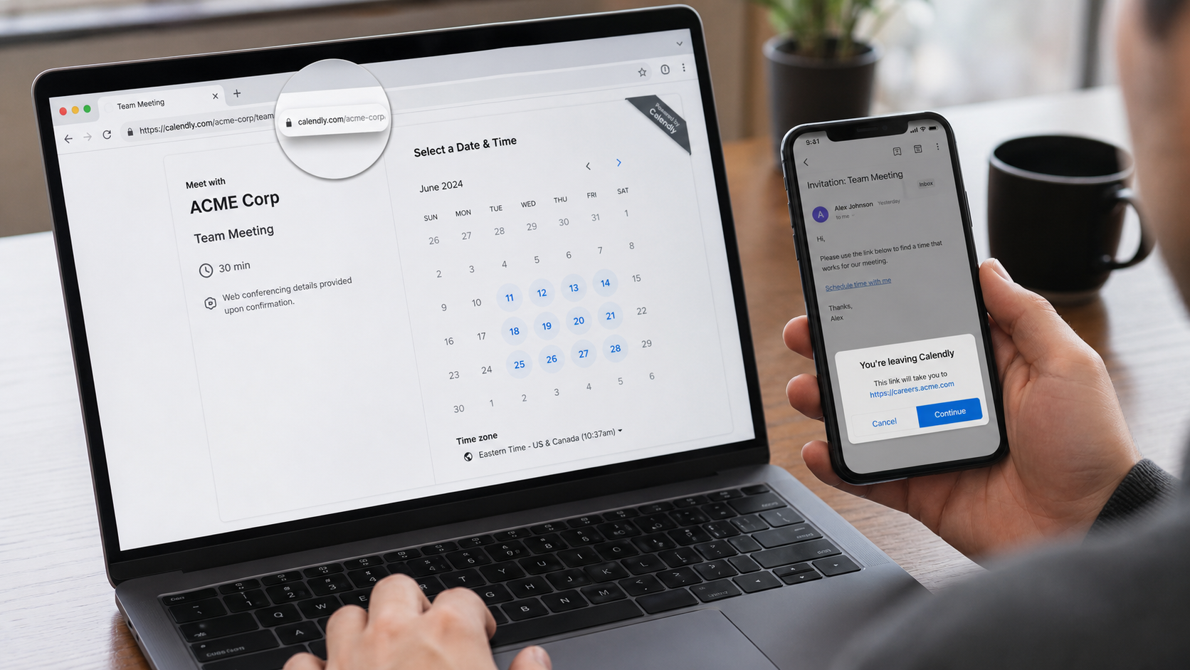 User checking a Calendly domain and verifying the meeting host through an official company website
