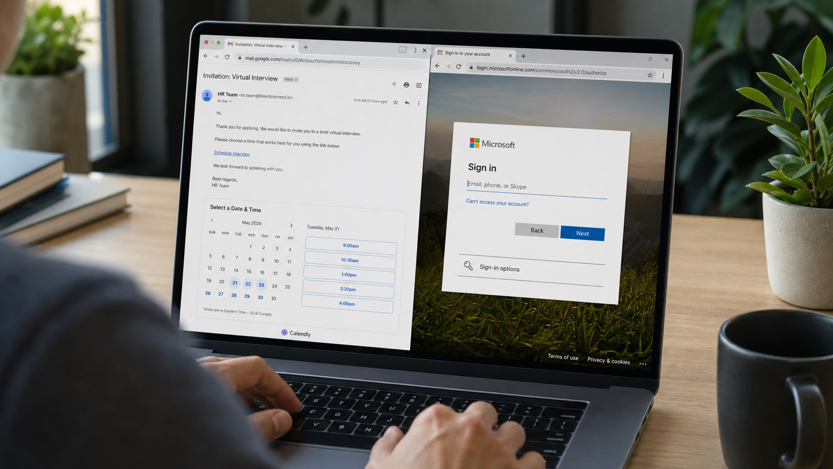 Realistic reconstruction of a Calendly job interview invitation leading to a phishing login