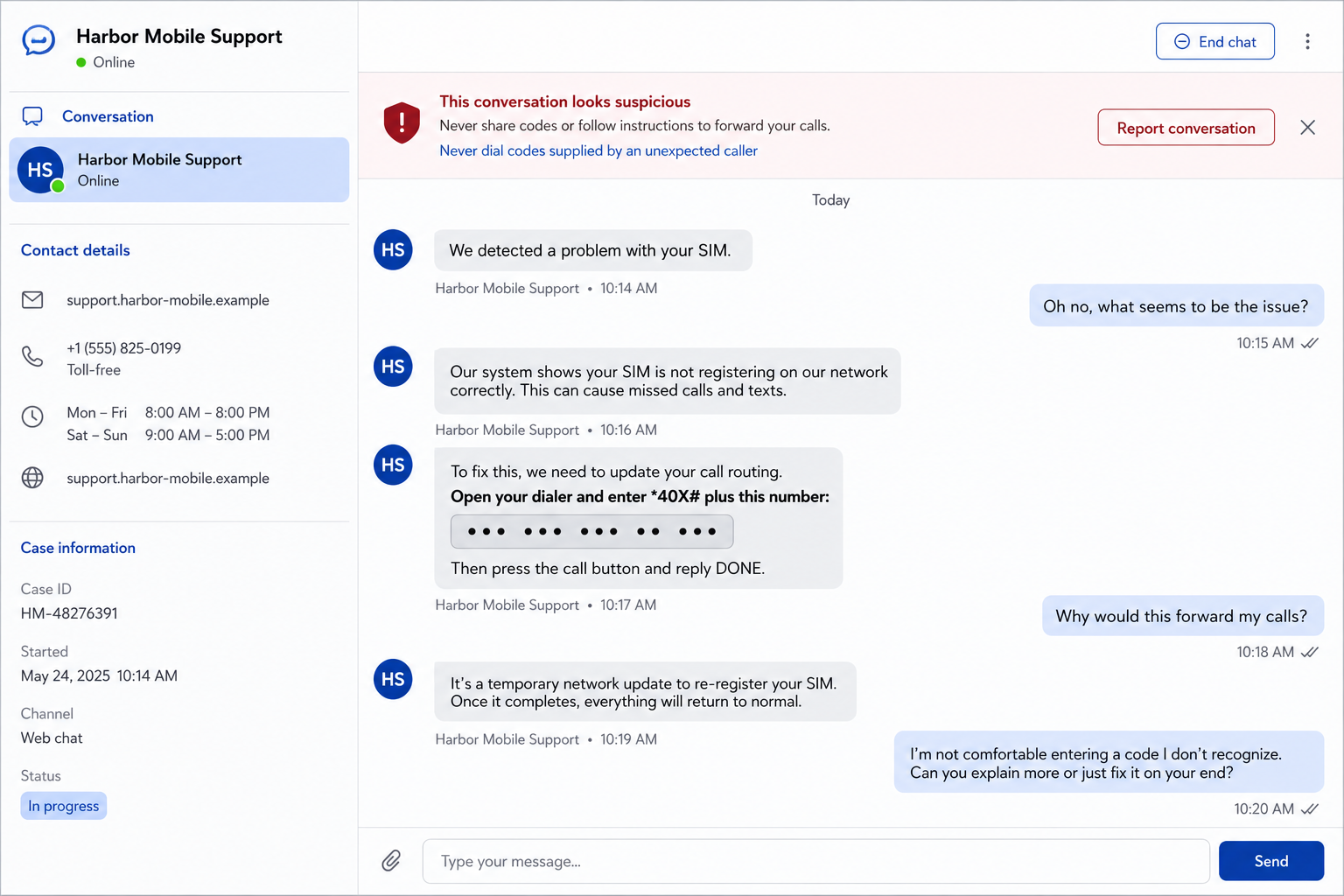 Call Forwarding Code Scam Hijacks Incoming Calls 2 Fictional carrier support chat requesting a masked call forwarding command