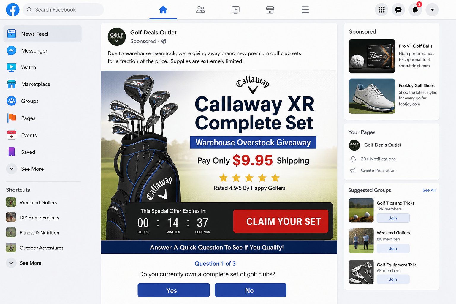 Callaway XR golf set giveaway advertisement promising clubs for a small shipping payment